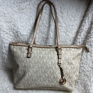 MICHAEL Kors Monogram cream textured gold monogram Tote beige leather straps